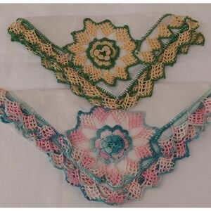 Vintage Hanky Lot 2 Irish Crochet Lace Pink Green Yellow Trim Handkerchief